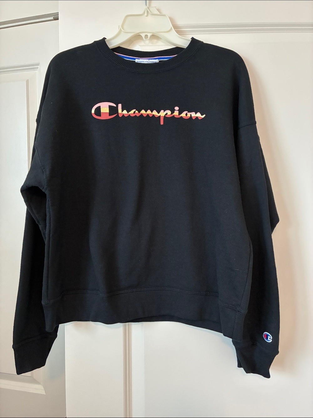 Champion Black Crewneck Sweatshirt with Pink/Gold Script Logo